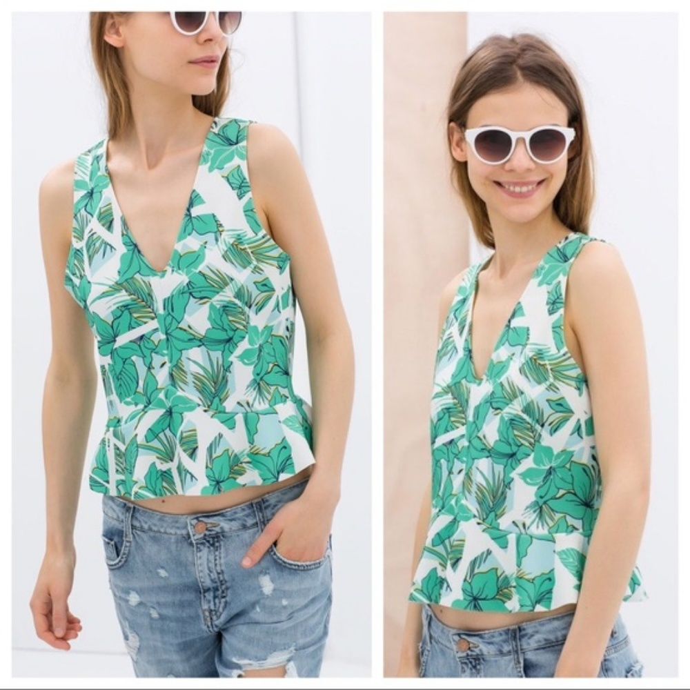 NWT ZARA TROPICAL LEAF V NECK PEPLUM TOP